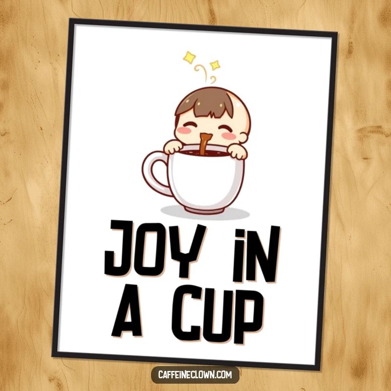 Funny digital art print of a small character joyfully pouring steaming coffee into a mug, a celebration of morning.