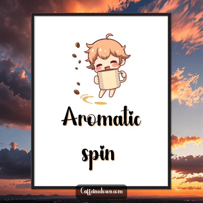 Funny digital art print of a character spinning with a coffee mug, leaving a visible trail of coffee aroma.