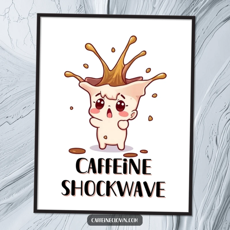 Funny tiny character with a surprised expression and a coffee splash erupting upwards, as a dynamic digital art print.