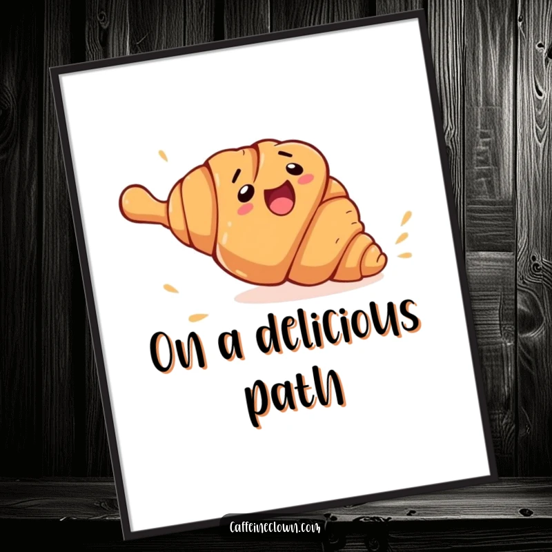 Funny croissant escape digital art print of a clumsy croissant character rolling away from a giant rolling pin, a high-resolution humorous illustration.