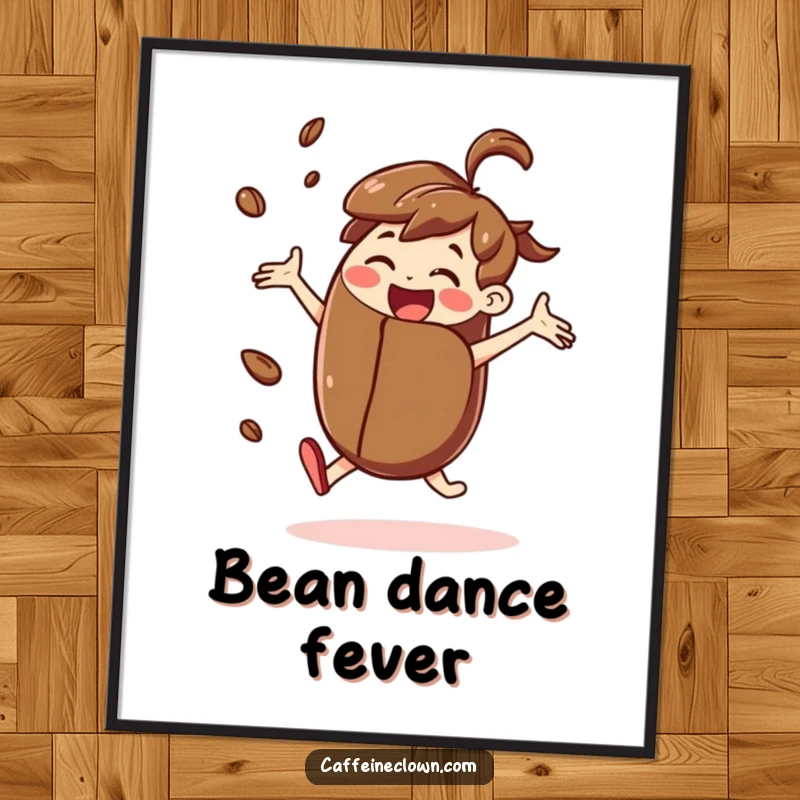 Funny digital art print of a joyful character dancing energetically while holding a giant coffee bean, ready to be printed.