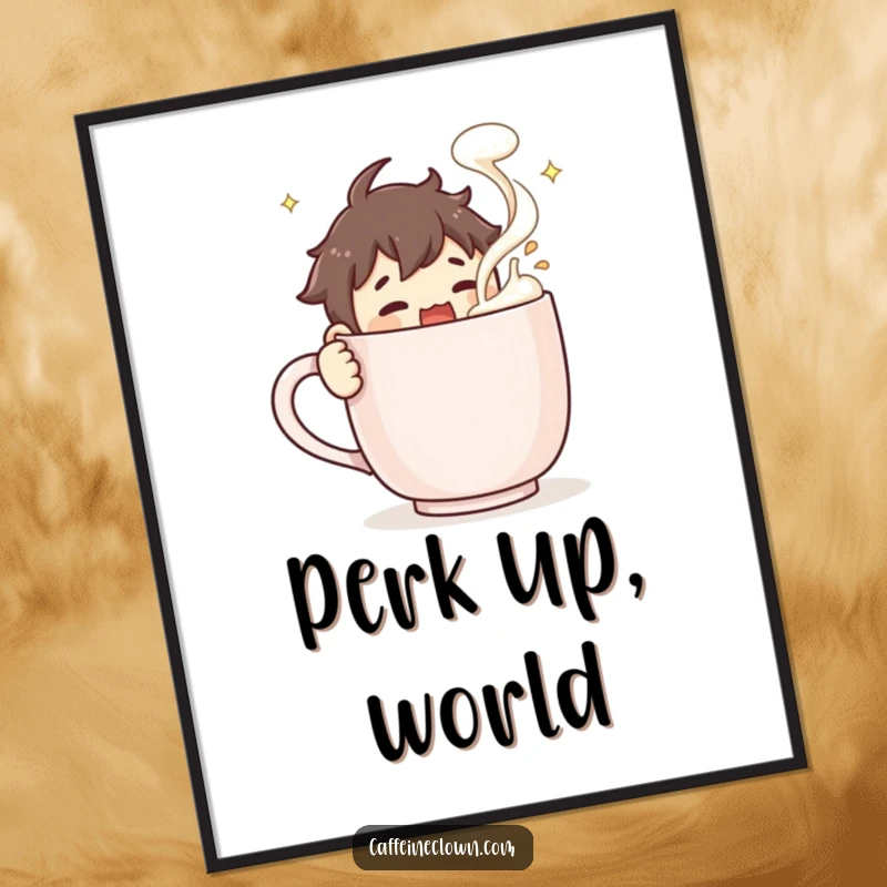 Funny Digital Art Print: Character enthusiastically stirs a massive steaming coffee mug, froth dramatically flying, a celebration of coffee.