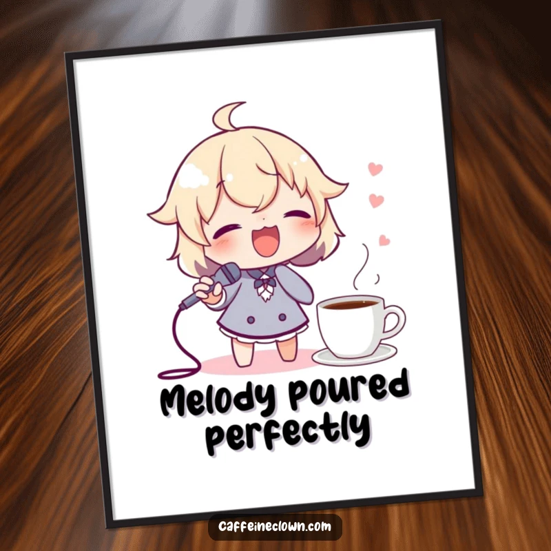 Funny digital art print of a character singing joyfully into a spoon held like a microphone, with coffee nearby.