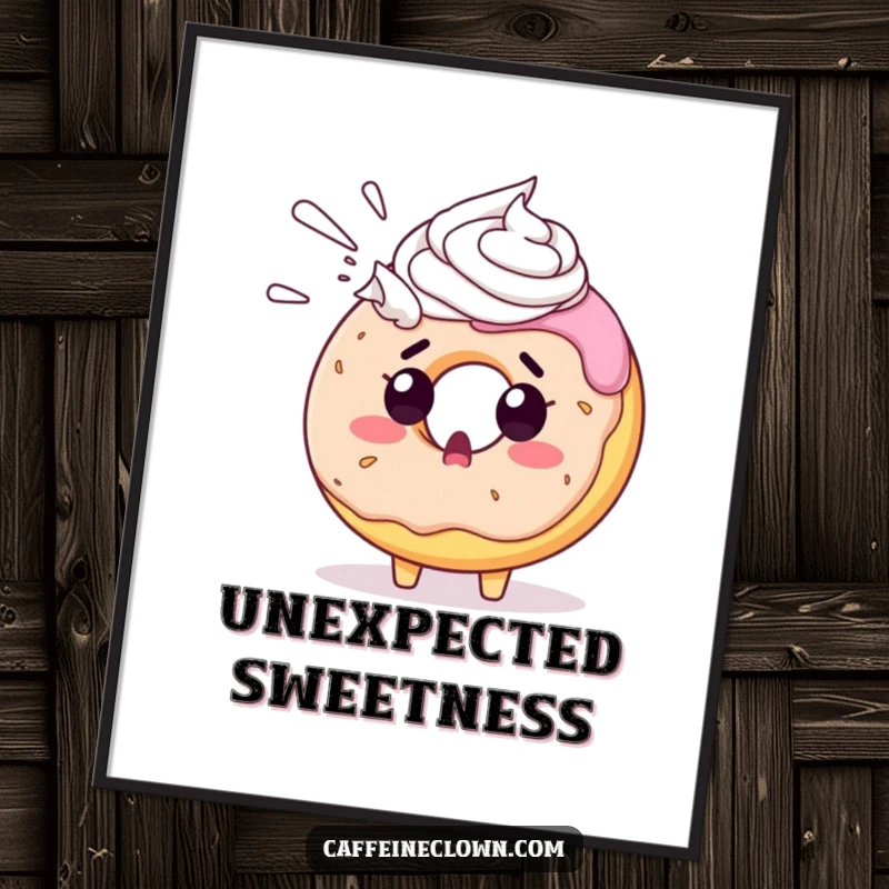 Funny donut digital art print of a surprised donut character unexpectedly sprayed with whipped cream, a high-resolution humorous illustration.