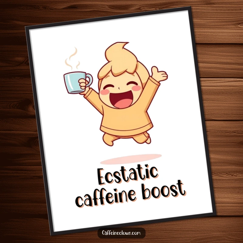 Funny Digital Art Print of an ecstatic character bouncing with energy, holding a steaming coffee cup, ready to print.