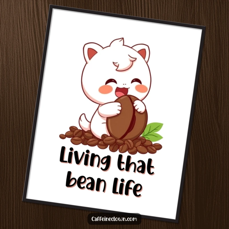 Funny Digital Art Print of a cute character giggling exuberantly while holding a coffee bean, perfect for instant decor.
