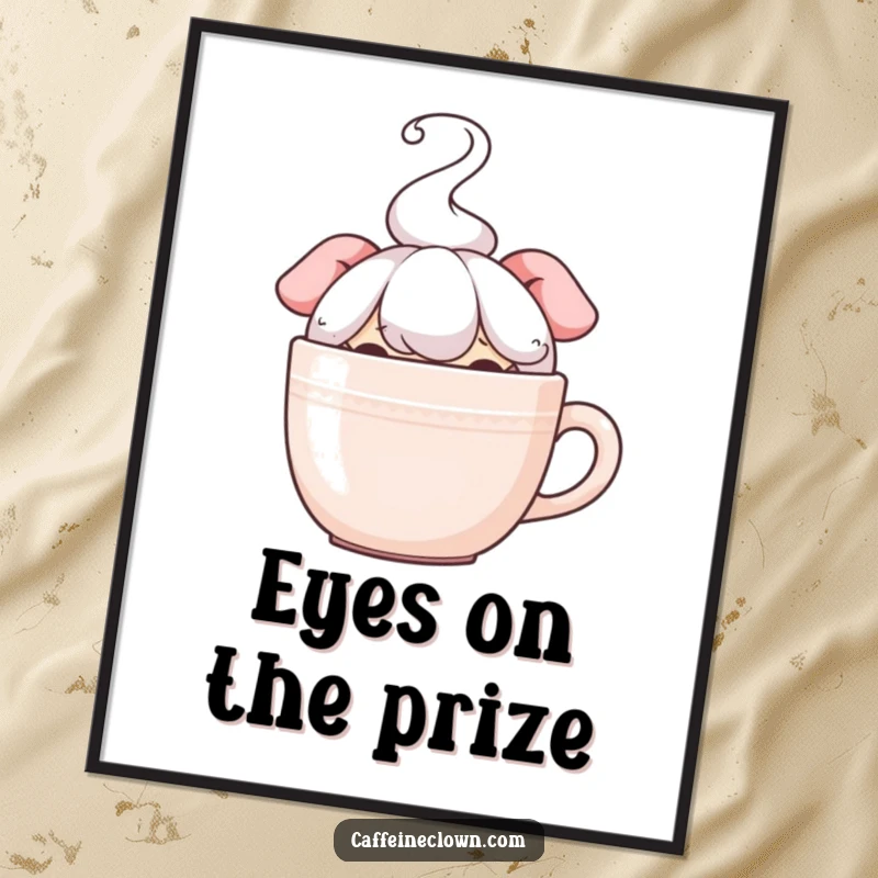 Funny digital art print of a character peeking from behind a steaming coffee mug, perfect for instant humorous wall decor and gifts.