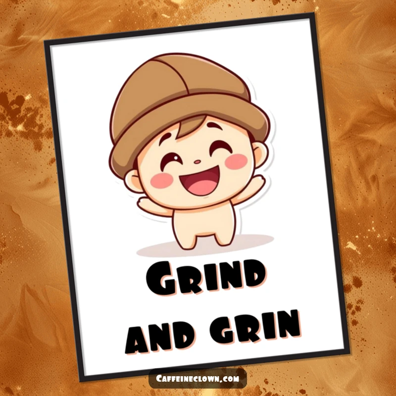 Funny kawaii character with a coffee bean hat, grinning widely, as a digital art print for home decoration.