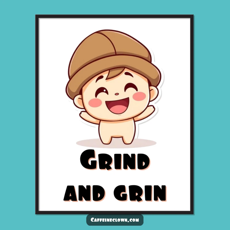 Funny Kawaii Coffee Bean Hat Digital Art: Grinning Wall Decor Gift