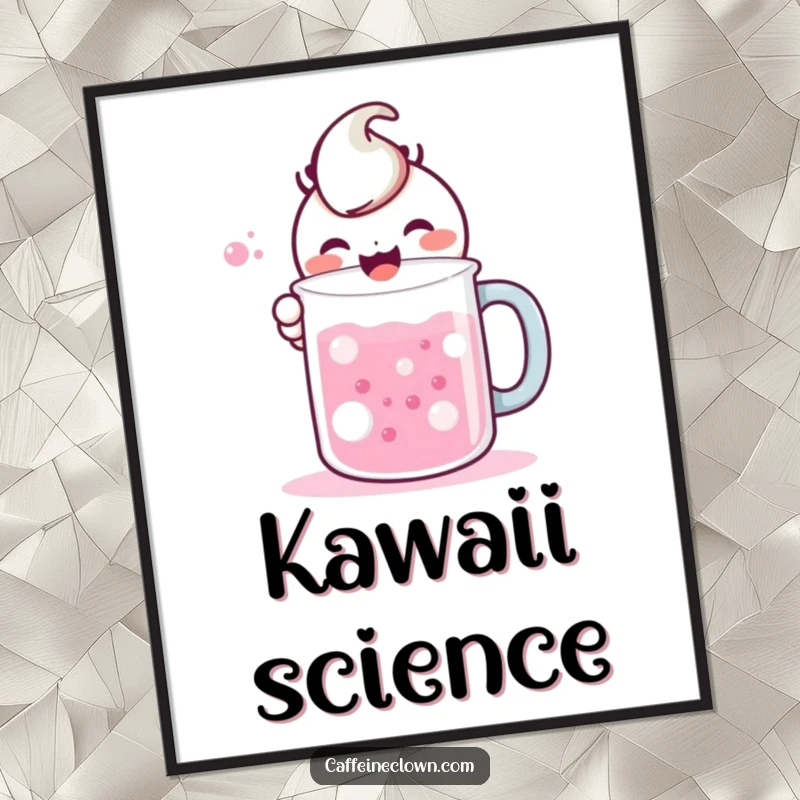 Funny digital art print of a kawaii character gleefully mixing colorful, bubbling liquids in a large mug, ready to be printed.