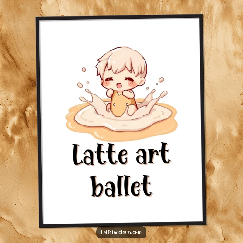 Funny digital art print of a character exuberantly splashing in a latte art puddle, perfect for coffee-themed decor.