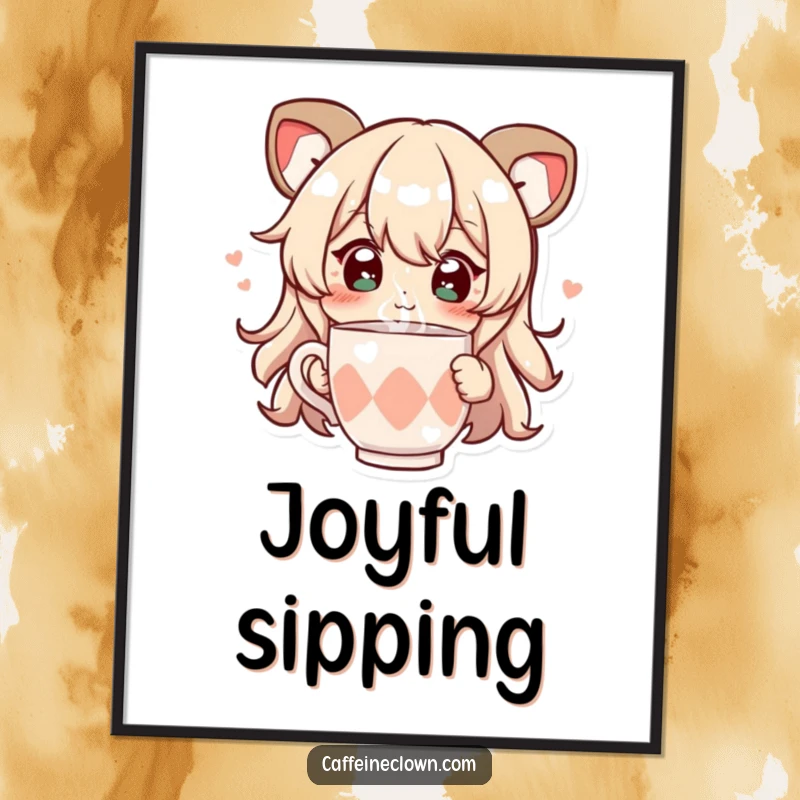 Funny digital art print of a character with sparkling eyes, joyfully sipping from a steaming cup, ready to be printed and displayed.
