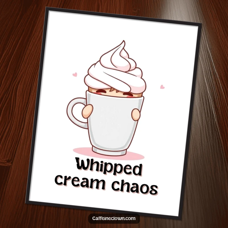 Funny Digital Art Print of a character spraying whipped cream from a coffee cup mid-sip, ready for printing.