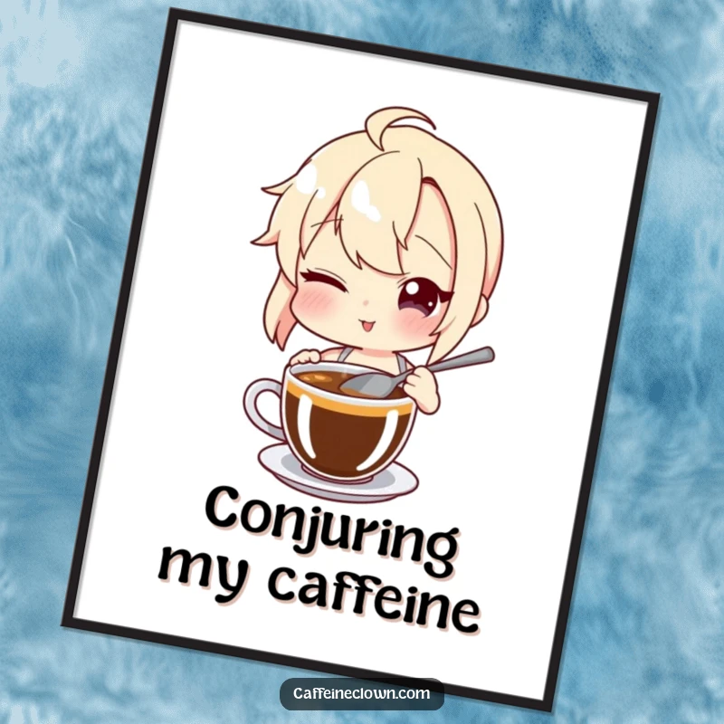 Funny Digital Art Print: A character shares a sly wink while stirring a hot cup of coffee, exuding playful mystery.