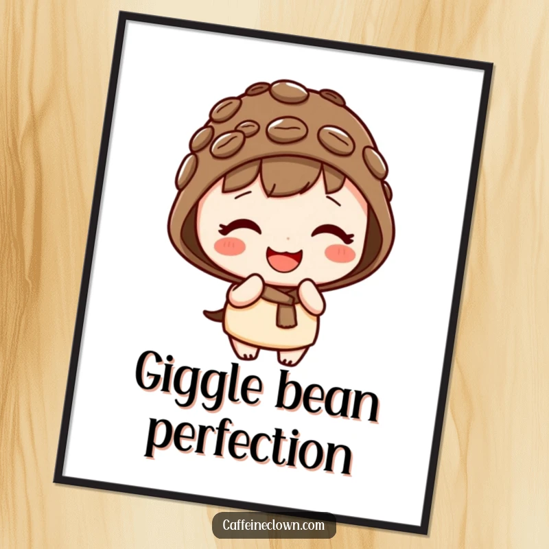 Funny digital art print of a cute kawaii character wearing a coffee bean hat, giggling playfully with a sweet, happy expression.