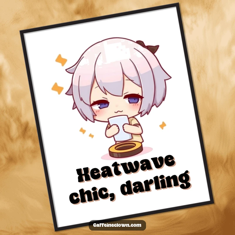 Funny digital art print depicting a cute character fanning themself energetically, looking extremely overheated and comical.