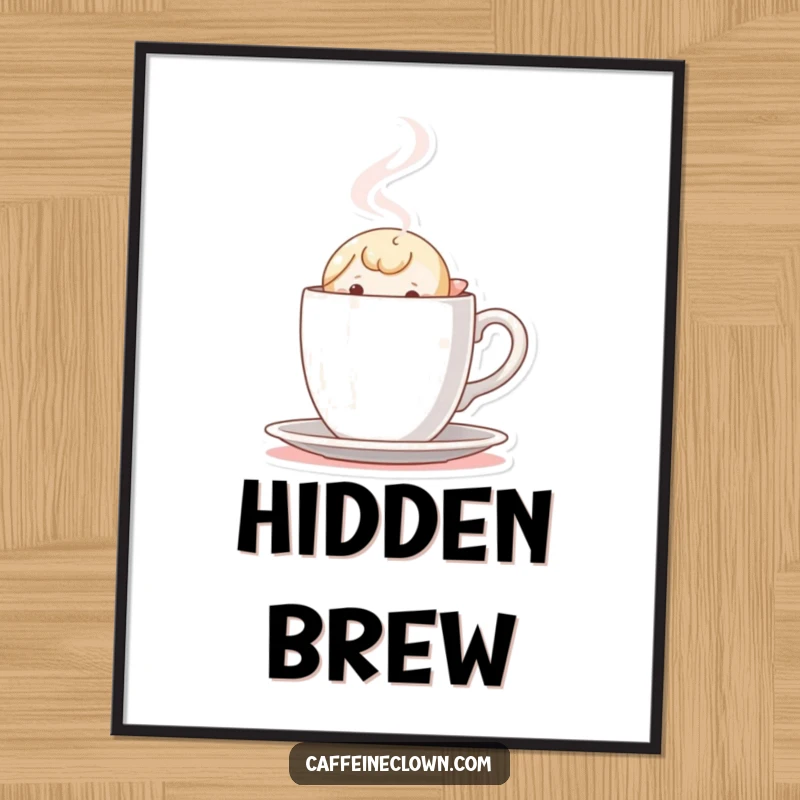 Funny Digital Art Print: Tiny character peeking out with curiosity from behind a steaming coffee cup, a whimsical piece for any room.