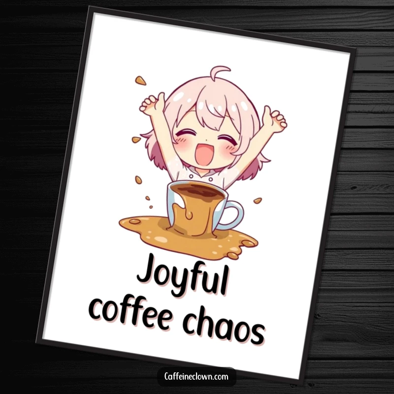 Funny digital art print of a character happily spilling coffee with flailing arms, perfect for instant humorous decor and gifts.