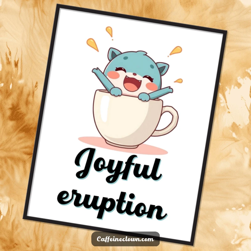 Funny digital art print of a delighted character joyfully bursting out of a steaming coffee cup, radiating pure elation.