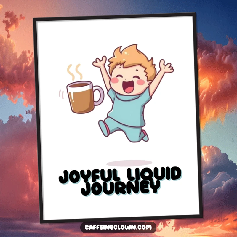 Funny digital art print of a character leaping joyfully, a coffee mug floating nearby, capturing the exhilarating essence of coffee.