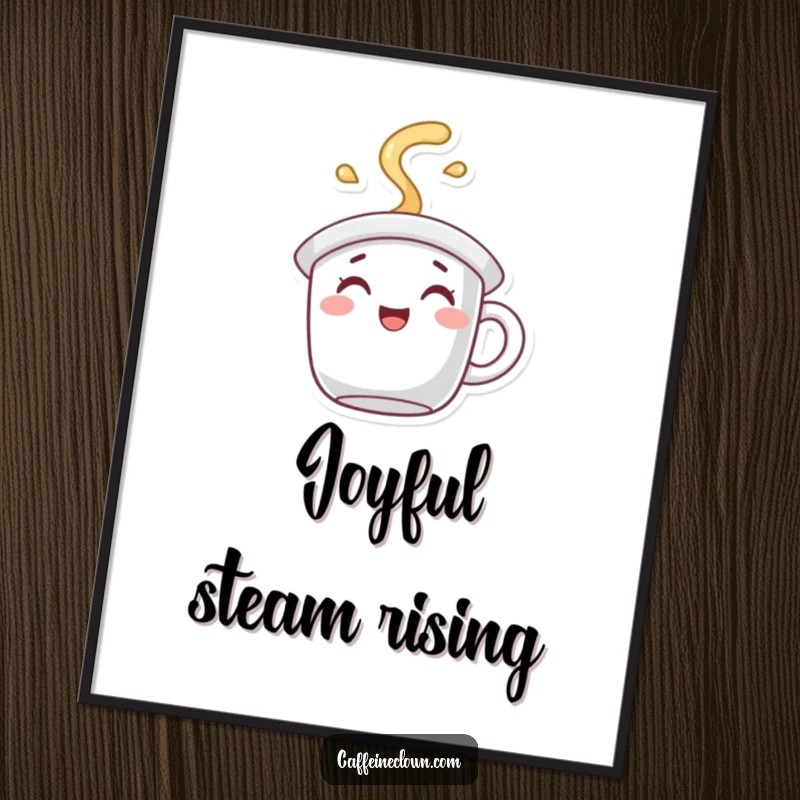 Funny Digital Art Print of a character with a coffee mug hat, exuding joyful steam, ready for printing.