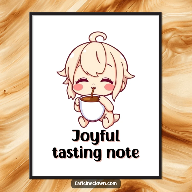 Funny digital art print of a character with a delighted, puckered expression tasting coffee, perfect for instant humorous decor and gifts.