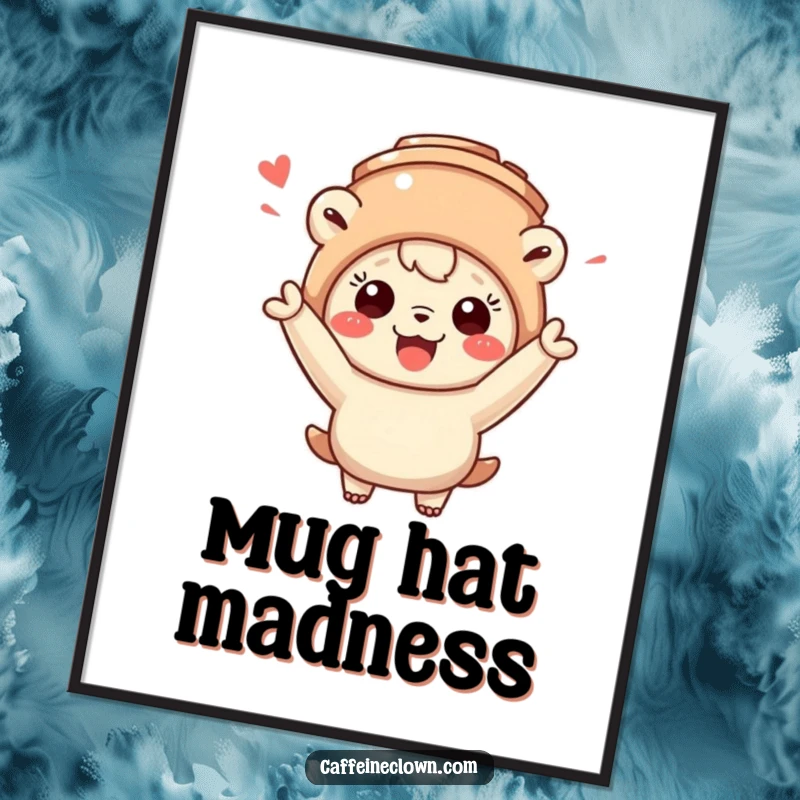Funny digital art print of a creature wearing a coffee mug hat and cheering ecstatically, a fun and cheerful addition to any room.