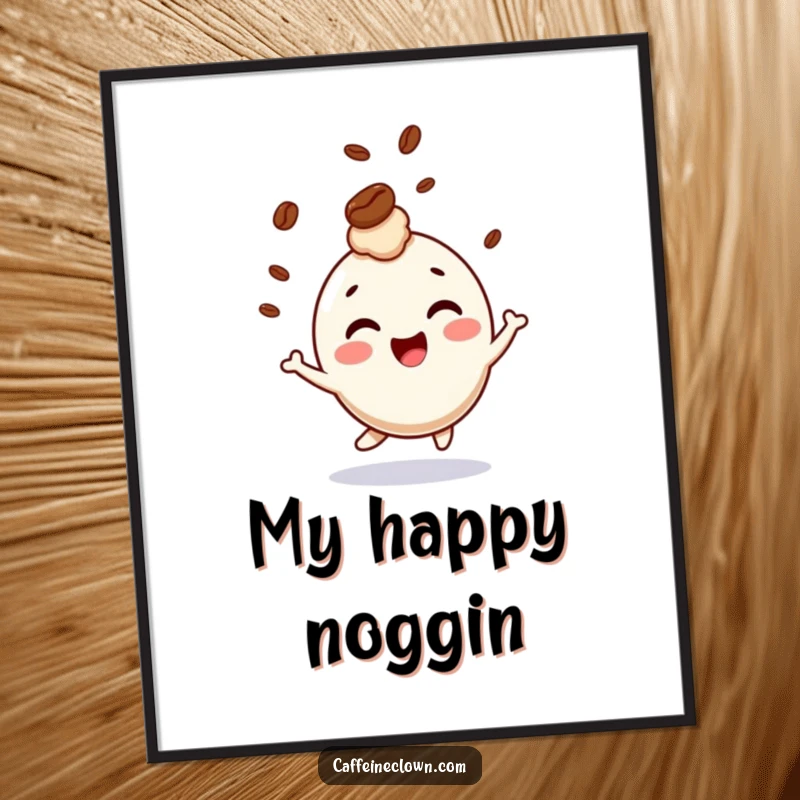 Funny digital art of a giggling character bouncing with a coffee bean playfully bouncing on its head, perfect for joyful decor.