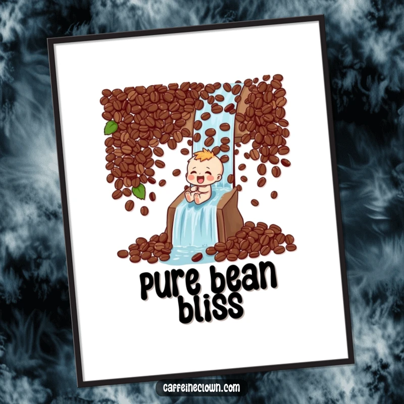 Funny Digital Art Print: Character laughs while sliding down a coffee bean waterfall, a symbol of pure coffee joy.