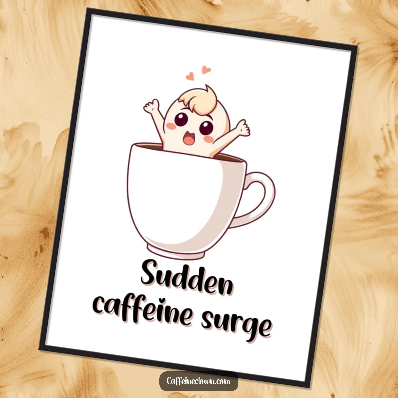 Funny Digital Art Print: A surprised character dramatically leaping out of a huge coffee cup, capturing a moment of pure comedic shock.