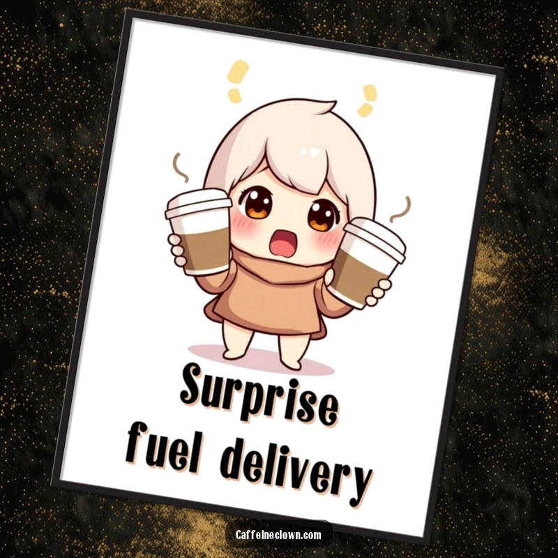 Funny digital art print of a surprised character juggling three coffee cups, a humorous take on daily life.