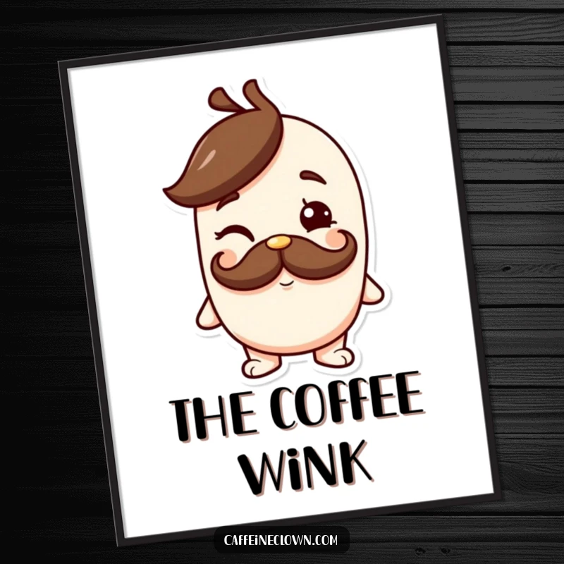 Funny digital art print of a character with a coffee mustache giving a cheeky wink, exuding playful sophistication and coffee appreciation.