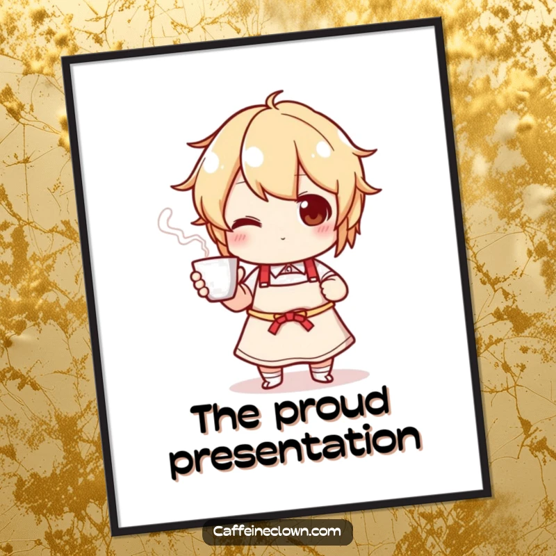 Funny digital art print of a character in an apron proudly presenting a steaming cup, bringing kitchen warmth and humor to walls.