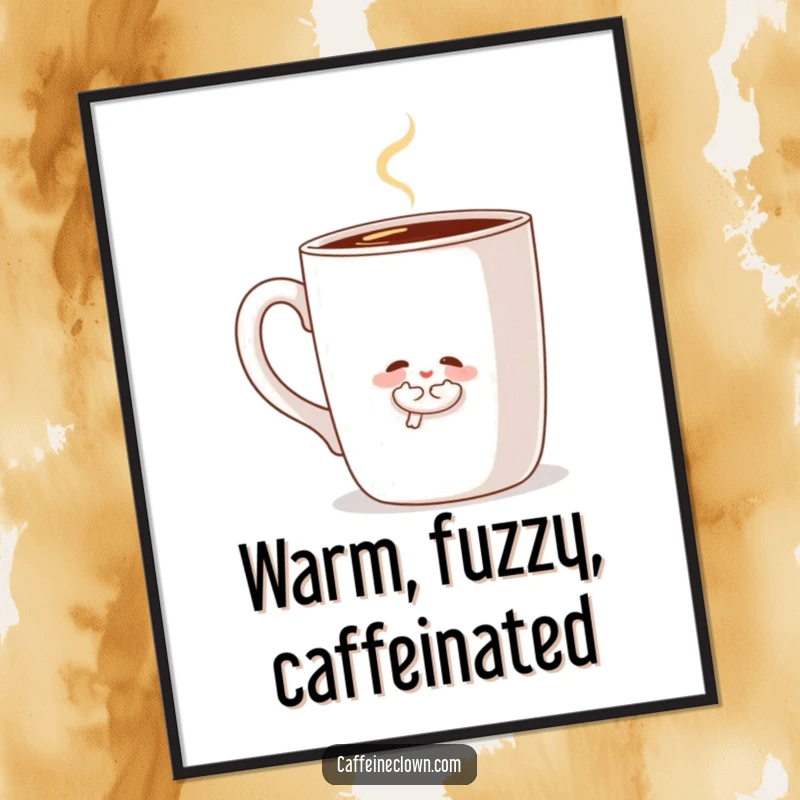 Funny digital art print of a character hugging a large, steaming coffee mug, symbolizing the comfort and joy derived from a warm beverage.