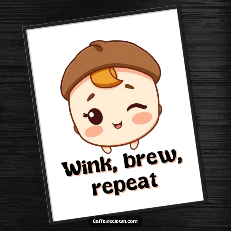 Funny digital art print of a winking character wearing a coffee bean hat, offering instant witty decor.
