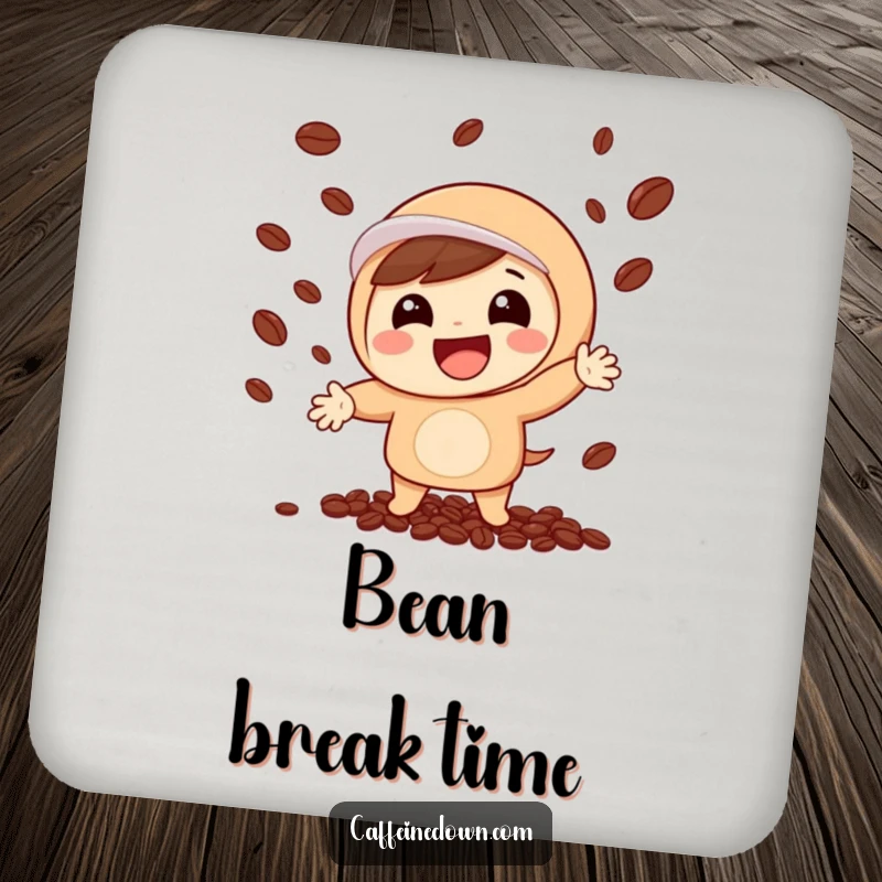 Funny drink coaster featuring a cute character juggling coffee beans, adding a humorous and protective touch to any beverage setup.