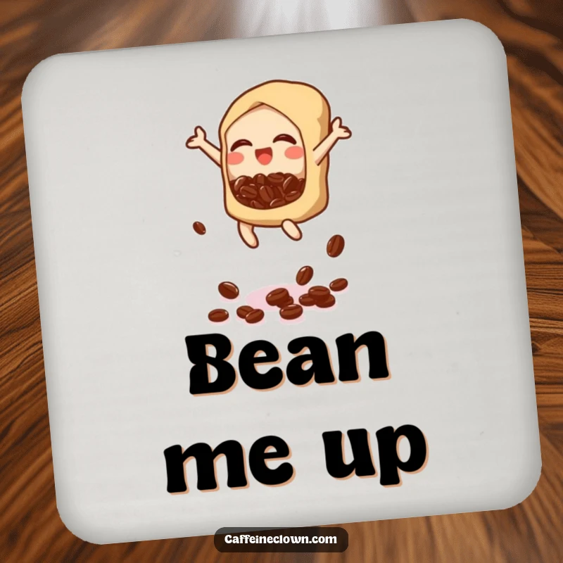 Funny drink coaster with a jumping bubbly icon scattering coffee beans, bringing cheerful energy to any table setting.