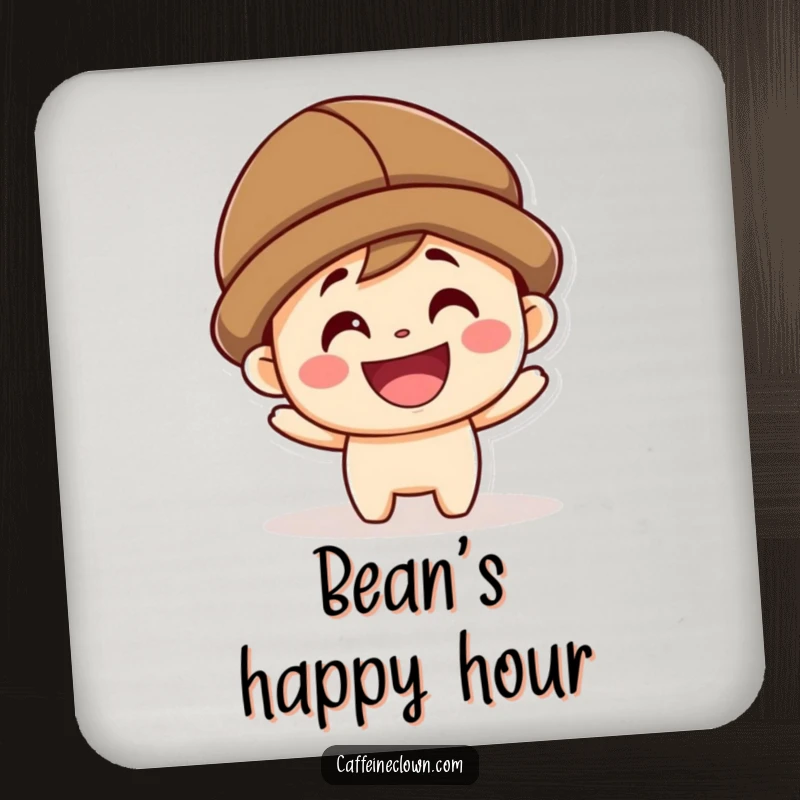 Funny kawaii character with a coffee bean hat, grinning, on protective drink coasters for tables.