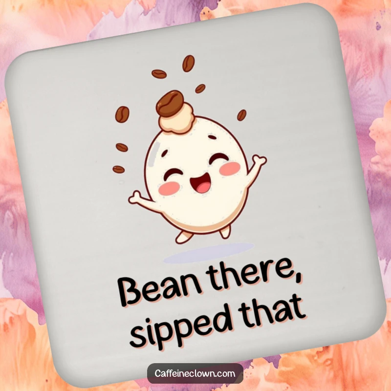 Funny drink coaster showing a giggling character bouncing with a coffee bean playfully bouncing on its head, perfect for tabletops.