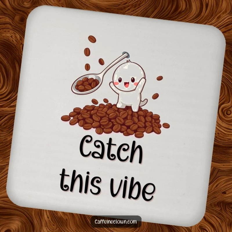 Funny drink coaster showcasing a playful character catching falling coffee beans with a giant spoon, offering protection with humor.
