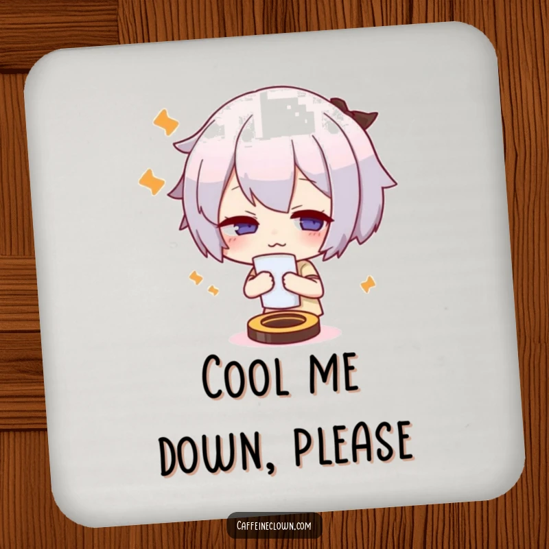 Funny drink coaster with a cute character fanning themself, looking overheated and stressed, perfect for coffee tables.