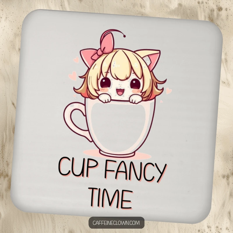 Funny drink coaster set with a cute character adorning a coffee cup with a playful flourish, protecting surfaces with charm.