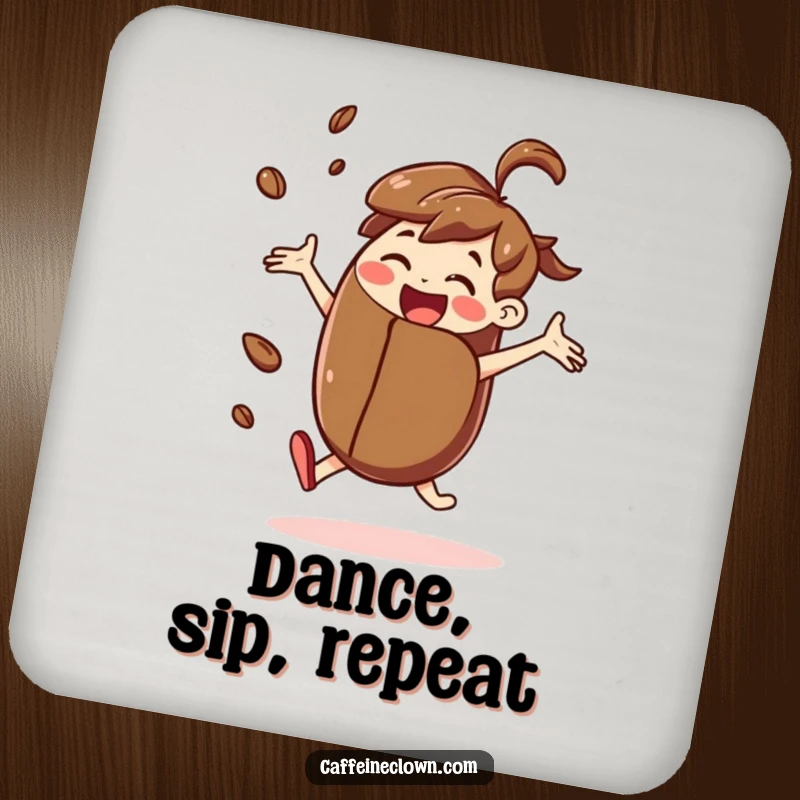 Funny drink coaster set with a joyful character dancing while holding a giant coffee bean, protecting surfaces with charm.