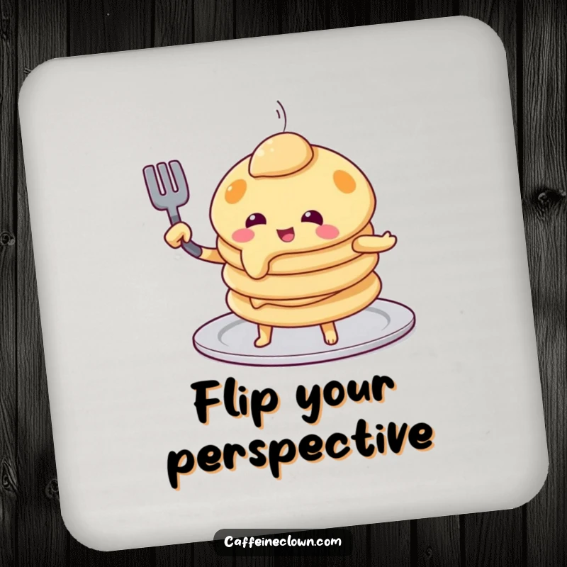 Funny pancake flip coaster showing a playful pancake character attempting to flip itself with a spatula, a functional and humorous home accessory.