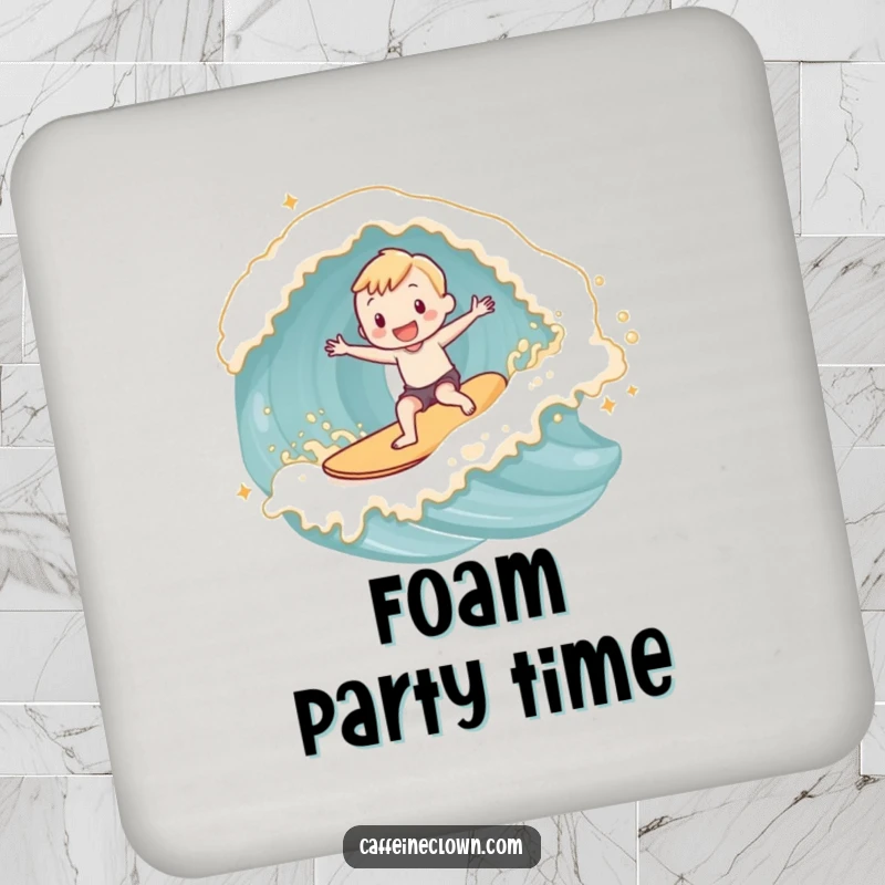 Funny adorable subject joyfully surfing a wave made of latte foam, on protective drink coasters.