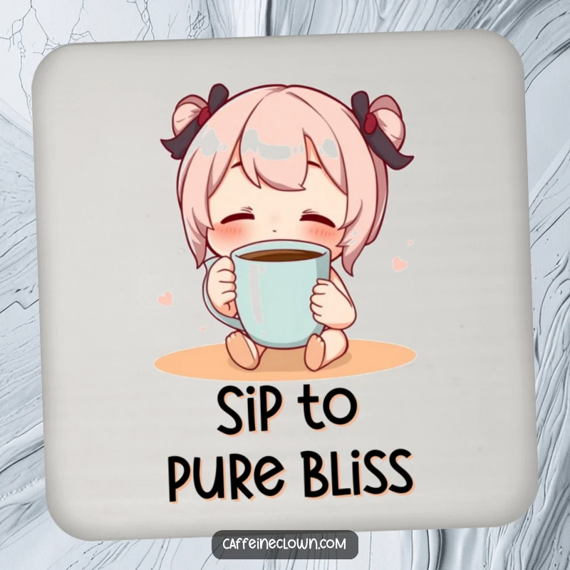 Funny drink coaster with a character sipping coffee with eyes closed in blissful serenity, protecting surfaces humorously.