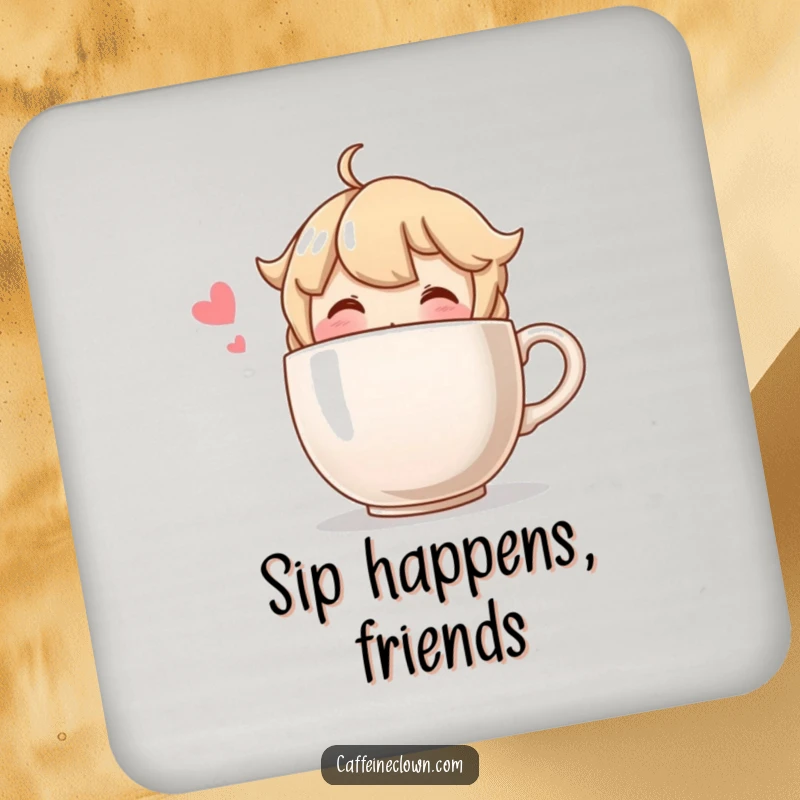 Funny drink coaster showing a blushing character happily sipping from a comically oversized coffee cup, adding charm to tables.