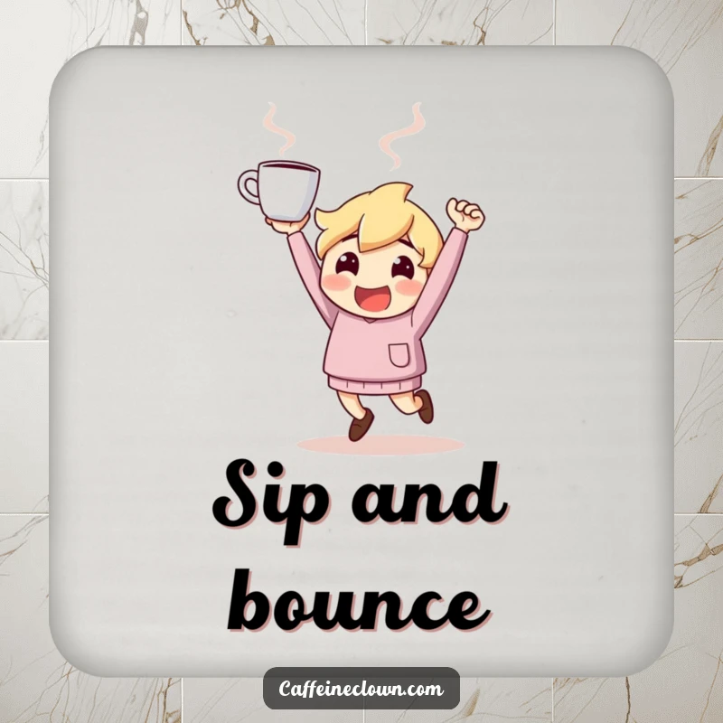 Funny Coaster: Character bounces with energy, holding a steaming coffee cup aloft, protecting surfaces with a smile.