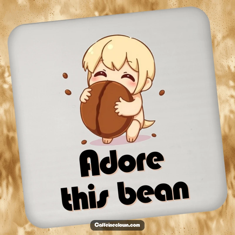 Funny Coaster: Character embraces a giant coffee bean, eyes sparkling with joy, protecting surfaces with a smile.