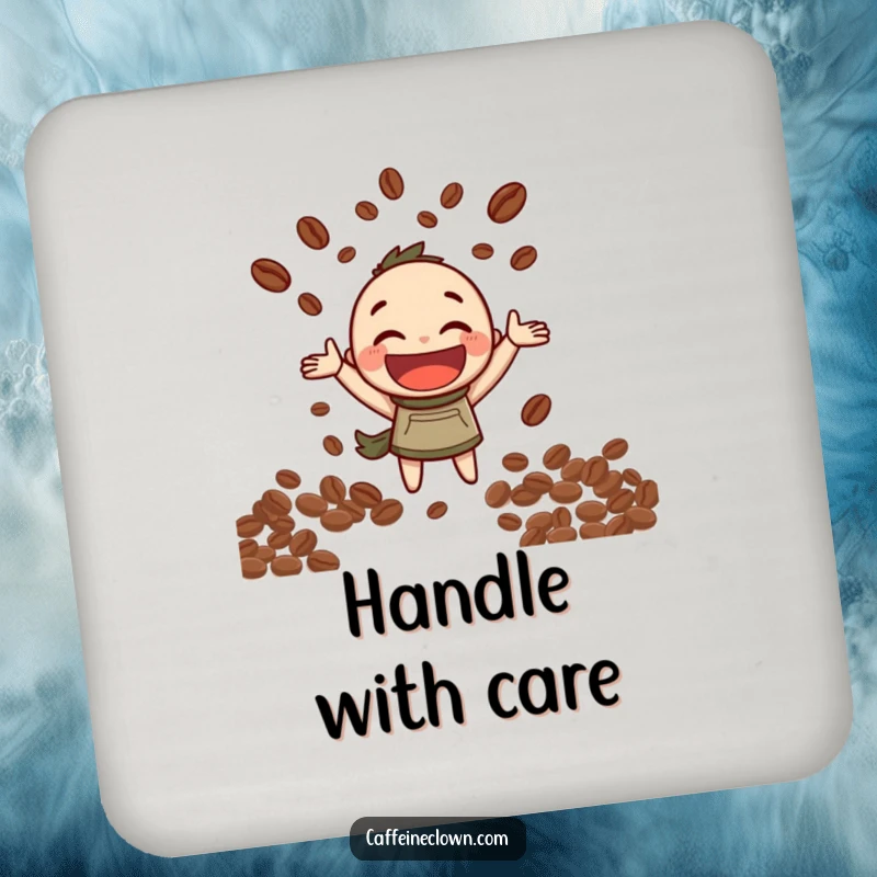 Funny Coaster: Character joyfully juggles coffee beans with a wide grin, protecting surfaces with a smile.